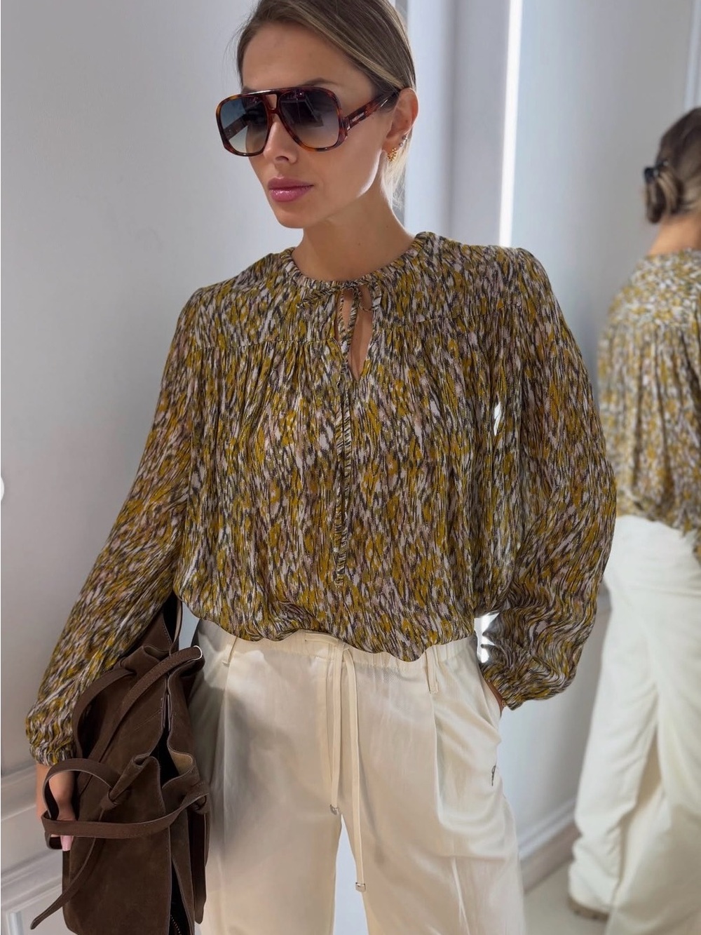 New Isabel Marant Etoile Printed Long-Sleeve Peasant Blouse in Mustard